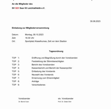 Einladung zur Mitgliederversammlung SV GO! Saar 05 am 09. Oktober 2023